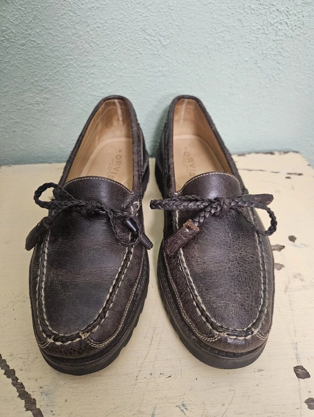 Orvis Dark Brown Leather Braided Lace Moccasin Slip-Ons